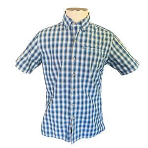 Eddie Bauer Blue Plaid Short Sleeve Button Front Shirt Size Small EUC
